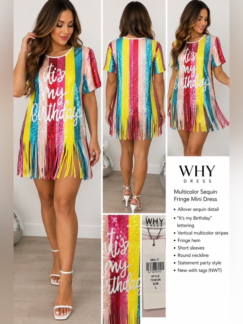 WHY Dress Multicolor Sequin Fringe Mini Dress - It's My Birthday